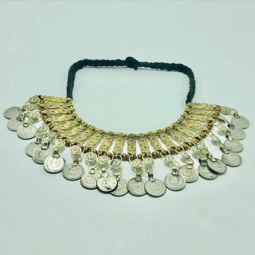 Vintage Coins Choker Necklace With Beaded Multilayers Chains