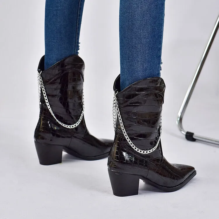 Women's Metal Chains Pointed Toe Puppy Heel Short Boots